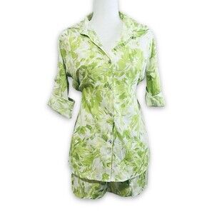 2pc Lime Green Floral Linen Co-ord Set Island Cruise Wear Shorts & Top Small NEW